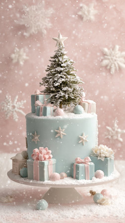 Elegant winter cake features a mini Christmas tree on top, surrounded by pastel-colored gifts. Snowflakes fall softly in the background, creating a festive atmosphere for celebrations.の素材
