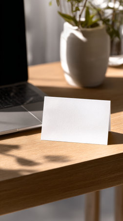 A white envelope stands on a wooden desk next to an open laptop. The workspace is bright and filled with indoor plants, creating a relaxed atmosphere perfect for writing..の素材