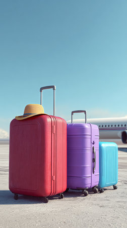 Three suitcases sit on the tarmac at the airport, with a sun hat resting on the red one. A plane can be seen in the background, ready for departure.の素材