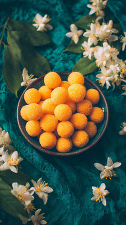 A bowl filled with vibrant orange sweets sits on a textured green cloth. Delicate white flowers surround the bowl, creating a fresh and inviting scene.の素材