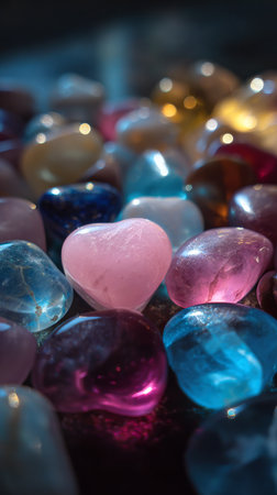 A heart-shaped pink stone stands out among a collection of colorful glass pebbles. The scene is illuminated by soft light, enhancing the hues of the stones.の素材