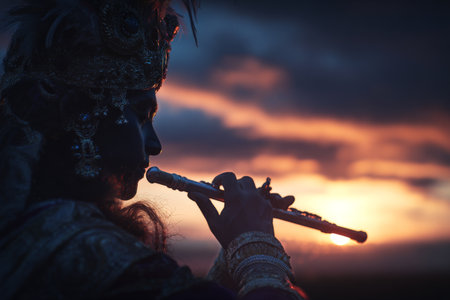 Musician plays a flute in silhouette against a vibrant sunset sky, creating a scene filled with spirituality and peace. The atmosphere captures the essence of devotion and artistry..の素材