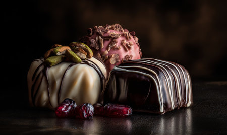 Three gourmet chocolate truffles showcase an array of flavors and textures, featuring nuts and colorful toppings against a dark background, enticing sweet lovers.の素材