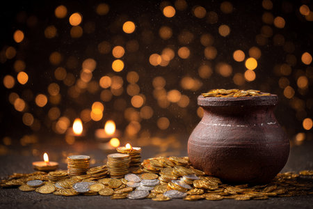 A clay pot rests on a dark surface, overflowing with shiny coins. Nearby are lit candles and soft, glowing lights, creating a warm and festive atmosphere.の素材