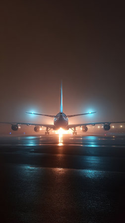 A large aircraft stands on a wet runway, illuminated by blue lights, surrounded by thick fog. The scene depicts an airport preparing for nighttime departures.の素材