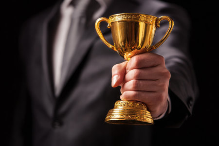 A person in a formal suit proudly holds up a shiny gold trophy with ornate details, celebrating a significant achievement in a moment of triumph..の素材
