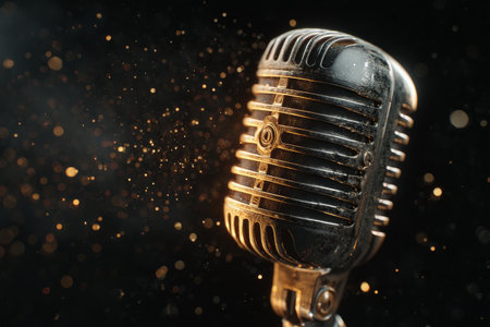 A vintage-style microphone stands prominently in a spotlight, surrounded by shimmering sparks that add a vibrant energy. It symbolizes creativity and passion in music..の素材
