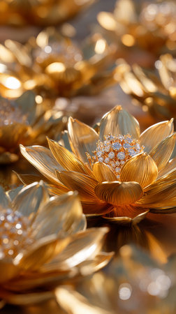 Beautiful golden lotus flowers are arranged artistically, glimmering in sunlight with intricate details, creating a peaceful atmosphere in a natural setting.の素材