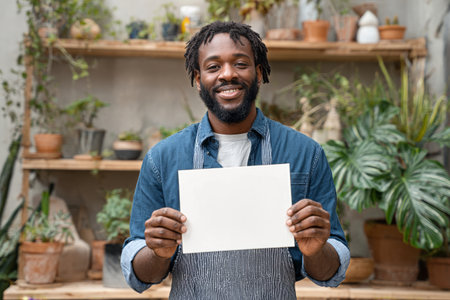 A man smiles while holding a blank sign in a warm and welcoming plant shop filled with potted plants and greenery. Sunlight streams through the windows, creating a vibrant atmosphere..の素材