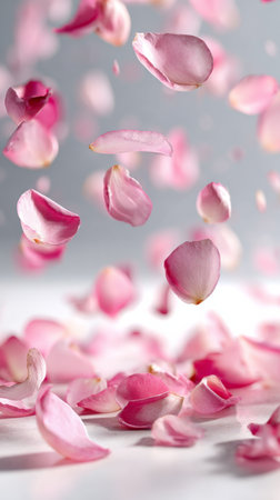 Delicate pink petals gently float downwards, filling the space with soft colors and a calming atmosphere. This serene moment captures the beauty of natures details.の素材