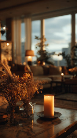Soft lighting fills a inviting living room with comfortable sofas, lit candles, and dried flowers creating a calming atmosphere for relaxation and social gatherings..の素材