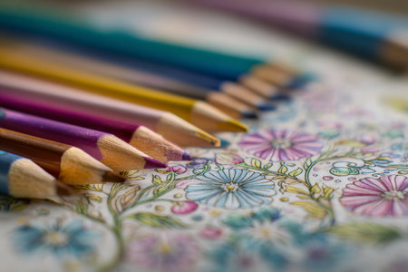 A set of vibrant colored pencils lies next to a detailed floral coloring page on a wooden table, inviting creativity and artistic expression on a sunny afternoon..の素材
