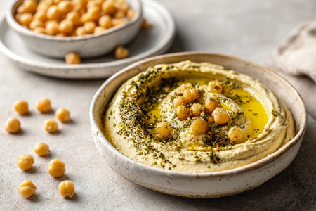 Smooth and creamy hummus topped with whole chickpeas and drizzled with olive oil is beautifully presented in a rustic bowl. A healthy and flavorful dish for any occasion.の素材