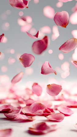 Delicate pink petals gently float downwards, filling the space with soft colors and a calming atmosphere. This serene moment captures the beauty of natures details..の素材
