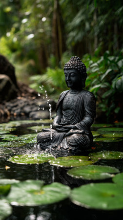 A serene Buddha statue sits in a pond, gently surrounded by lush green leaves. Water trickles from the statue into the calm water, creating a peaceful atmosphere.の素材