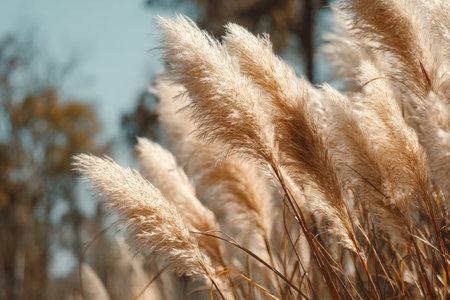 Golden pampas grass stands tall and sways in the wind on a sunny day, surrounded by green trees. The scene captures the beauty of nature in a serene environment during daylight.の素材