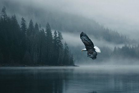 A bald eagle glides gracefully above a serene lake, its reflection shimmering in the calm water. Mist rises from the trees, creating a peaceful morning scene in nature.の素材