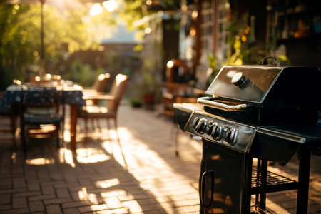 Warm sunlight filters through trees in a backyard where a grill stands ready for a cookout. Tables are set for a meal, and friends will soon enjoy good food and laughter..の素材