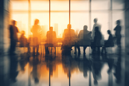 Silhouettes of professionals gather in a conference room during sunset, creating a warm atmosphere. They engage in discussion while reflecting on the glass windows.の素材