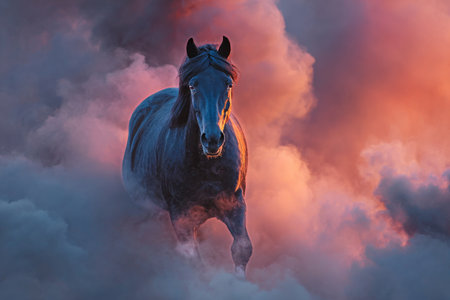 A powerful black horse gallops through vibrant clouds of mist at sunrise. The warm hues of orange and purple create a magical atmosphere in this peaceful setting.の素材