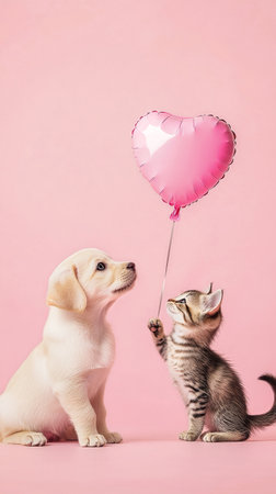 A small yellow puppy sits beside an energetic striped kitten, who holds a pink heart balloon. The scene is playful and charming against a soft pink backdrop, showcasing friendship.の素材