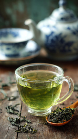 A clear glass cup holds steaming green tea with floating herbs, placed on a wooden table. A teapot sits in the background alongside traditional tea cups..の素材