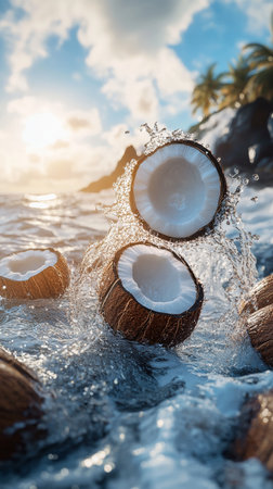 Waves crash around a coconut as it rolls on the sandy shore, with a beautiful sunset illuminating the sky and palm trees in the background..の素材