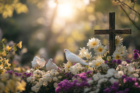 Doves soar gracefully above colorful flowers near a wooden cross, creating a peaceful atmosphere in a tranquil outdoor scene during the day..の素材