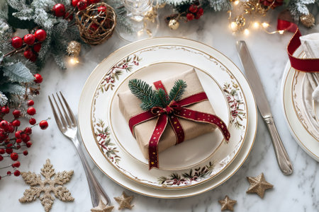 A festive Christmas table is set with elegant plates and a wrapped gift. Red ribbons and evergreen accents add charm to the scene. Twinkling lights and ornaments create a warm atmosphere.の素材