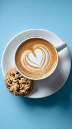 A steaming cup of coffee with a leaf pattern sits on a white alongside plate a freshly baked chocolate chip cookie. The bright blue table adds a fun touch..の素材