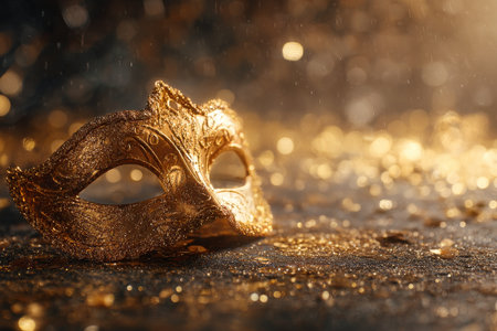 A beautifully crafted golden mask rests on a shimmering surface, surrounded by soft golden sparkles, creating a festive and elegant atmosphere suitable for celebrations or parties..の素材