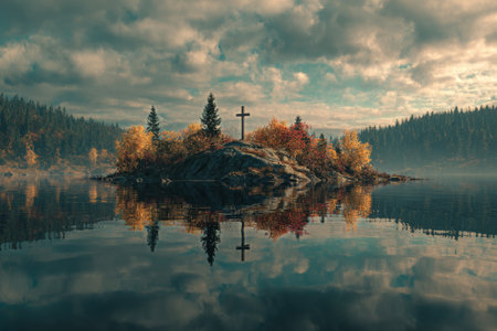 A peaceful island stands in a calm lake, featuring a wooden cross surrounded by colorful trees reflecting on the water. Soft clouds drift overhead in the afternoon light.の素材