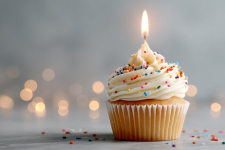 A beautifully decorated cupcake sits on a table, topped with creamy frosting and a lit candle, surrounded by colorful sprinkles and soft bokeh lights in the background.の素材