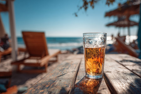 A clear glass of amber beer sits on a wooden table beside the beach. Comfortable chairs in the background face the calm ocean under a bright, sunny sky..の素材