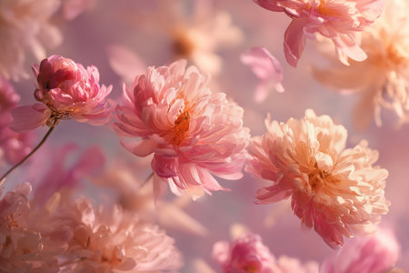Delicate pink flowers fill the scene, floating in a soft light. Their petals create a dreamy, tranquil ambiance, inviting viewers to enjoy natures beauty in a garden setting.の素材