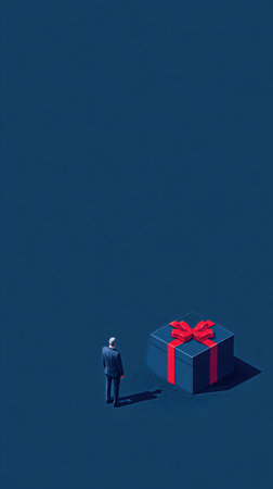 A man dressed in a suit stands still, looking at a large gift box tied with a red ribbon. The scene has a dark blue background, creating a sense of intrigue and anticipation.の素材