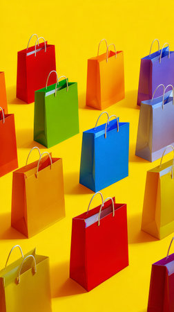 A collection of colorful shopping bags in various sizes is arranged in a playful manner on a sunny yellow background. The bags are great for gifts or special occasions.の素材