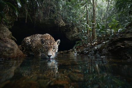 A jaguar is seen drinking water from a clear pool in a dense rainforest. The surrounding area is filled with vibrant greenery and shadows from the tall trees above.の素材
