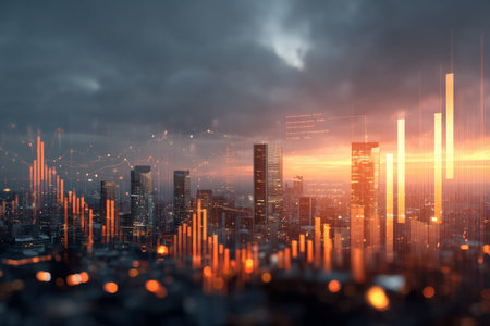 Tall buildings rise against a twilight sky, displaying vivid graphs and charts of financial data. The scene captures the energy of a bustling metropolis transitioning into night..の素材