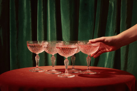 Crystal glasses filled with a light pink drink are arranged on a round table. A hand reaches out to pick up one glass against a rich green velvet backdrop.の素材