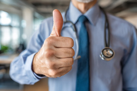 A doctor in a button-up shirt with a necktie shows a thumbs up gesture in a bright medical office, conveying positivity and confidence to patients.の素材