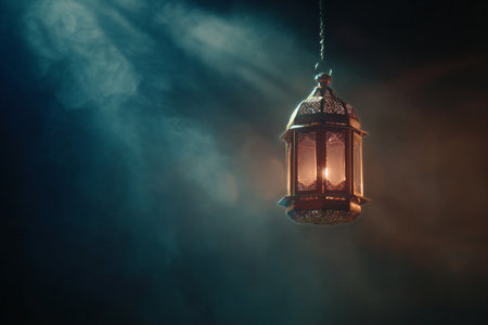 A decorative lantern hangs in a darkened room, emitting a soft, warm glow. The ornate design allows light to filter through, enhancing the tranquil ambiance around it.の素材