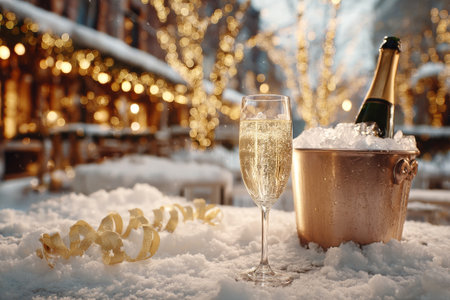 A glass of champagne sits beside an ice bucket in a snowy winter market. Twinkling lights create a warm glow as people enjoy the holiday atmosphere and seasonal festivities..の素材