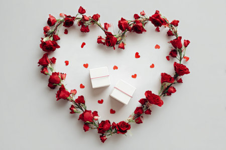 Two neatly wrapped gifts sit inside a heart made of red roses and paper hearts on a white surface. This scene captures a festive, romantic atmosphere perfect for special occasions..の素材