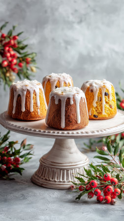 Four mini cakes topped with dripping icing are displayed on a decorative stand. Red berries and greenery enhance the festive atmosphere, perfect for a holiday celebration.の素材