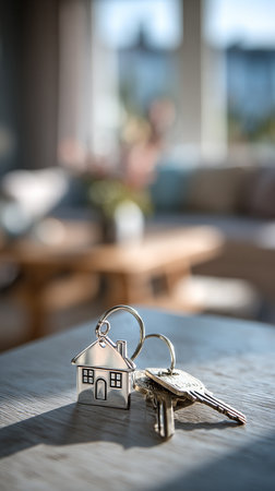 Keychain shaped like a house rests on a wooden table. Soft light fills a cozy living room with blurred furniture in the background, creating a warm atmosphere.の素材