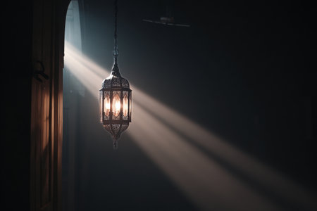 A decorative lantern hangs in a darkened room, emitting a soft, warm glow. The ornate design allows light to filter through, enhancing the tranquil ambiance around it..の素材