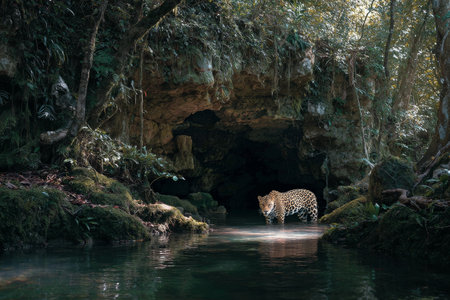 A jaguar is seen drinking water from a clear pool in a dense rainforest. The surrounding area is filled with vibrant greenery and shadows from the tall trees above..の素材