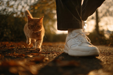A person wearing sneakers strolls along a pathway scattered with vibrant autumn leaves. An orange cat walks confidently beside them as the sun sets in the background..の素材