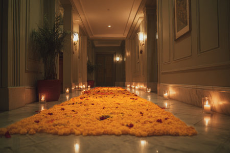 The corridor is adorned with vibrant marigold flowers and glowing candles, creating a warm atmosphere during a nighttime celebration. The scene invites a sense of joy and festivity..の素材